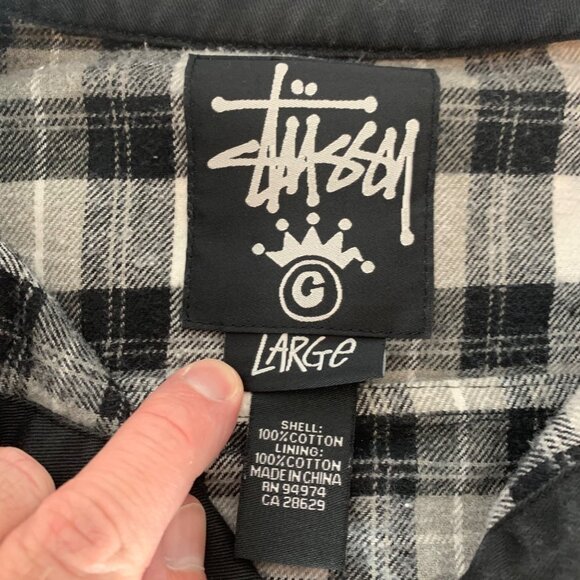 Stussy Classic Gear Black Demin Button Plaid Lined Jacket Mens Large - Picture 3 of 6